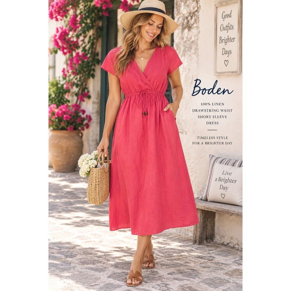 Boden 14R Coral Pink Linen Midi Dress Drawstring Waist Coastal Resort Vacation